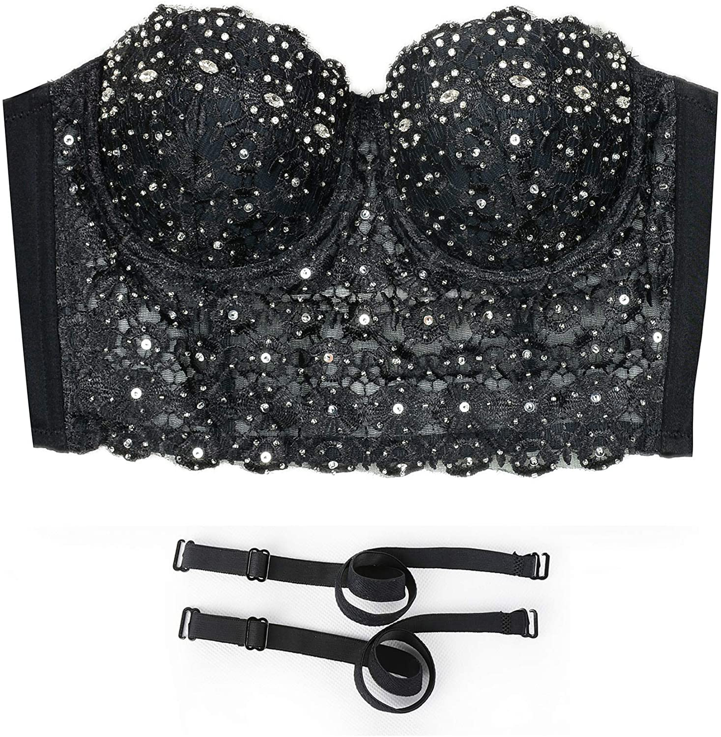 ELLACCI Women'S Natural Reigning Lace Rhinestone Bustier Crop Top Sexy Mesh Corset Top Bra Black Apparel & Accessories > Clothing > Underwear & Socks > Lingerie ELLACCI