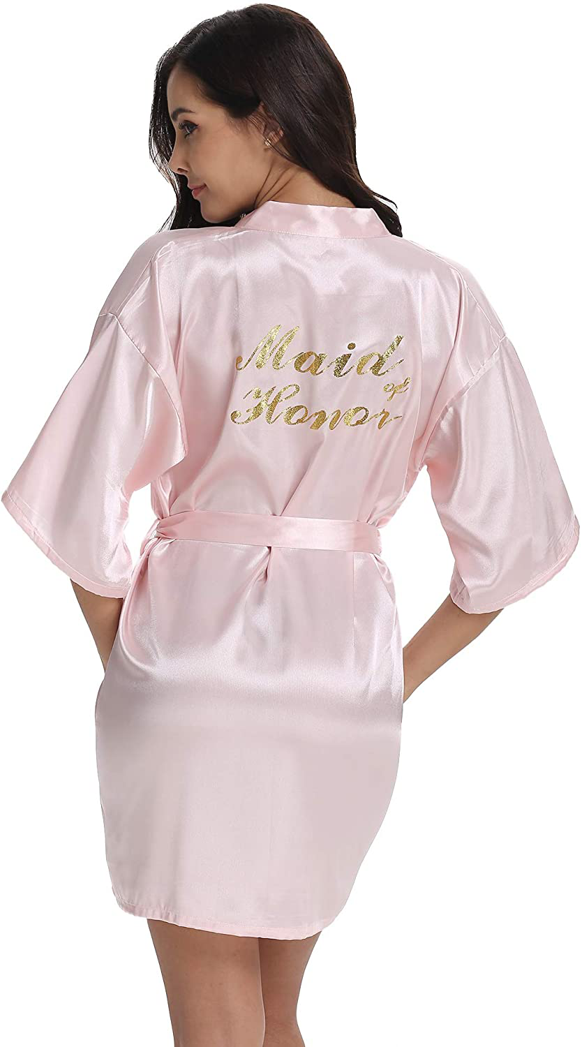Vlazom Women'S Satin Robe Short Kimono for Bride & Bridesmaid Wedding Party Robes with Gold Glitter or Rhinestones Apparel & Accessories > Clothing > Sleepwear & Loungewear > Robes KYLIE MAX Pink(maid of Honor) X-Large