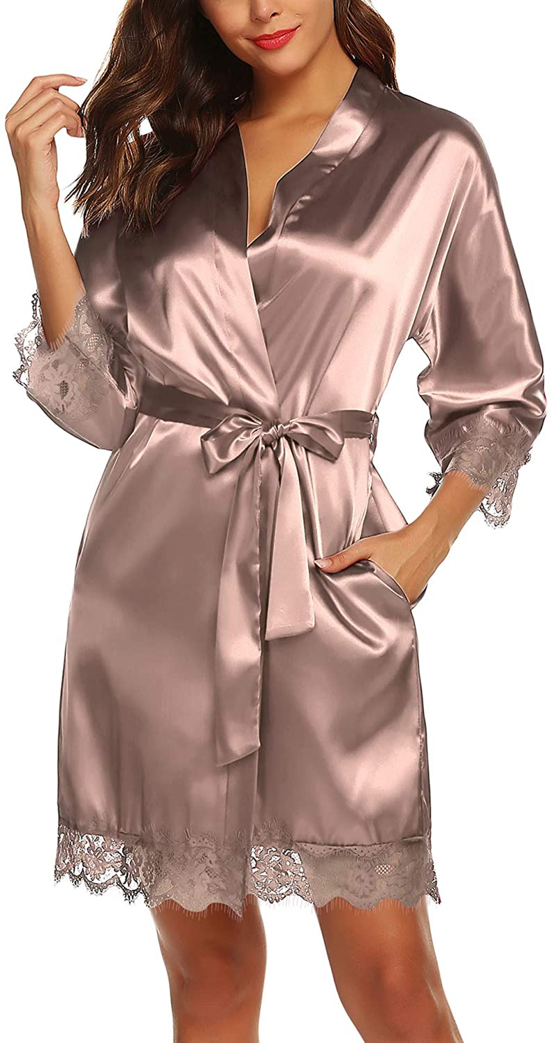 URRU Women'S Satin Silk Bathrobe Oblique V-Neck Short Kimono Robe Bridesmaids Robe S-XXXL Apparel & Accessories > Clothing > Sleepwear & Loungewear > Robes KYLIE MAX Cappuccino XX-Large