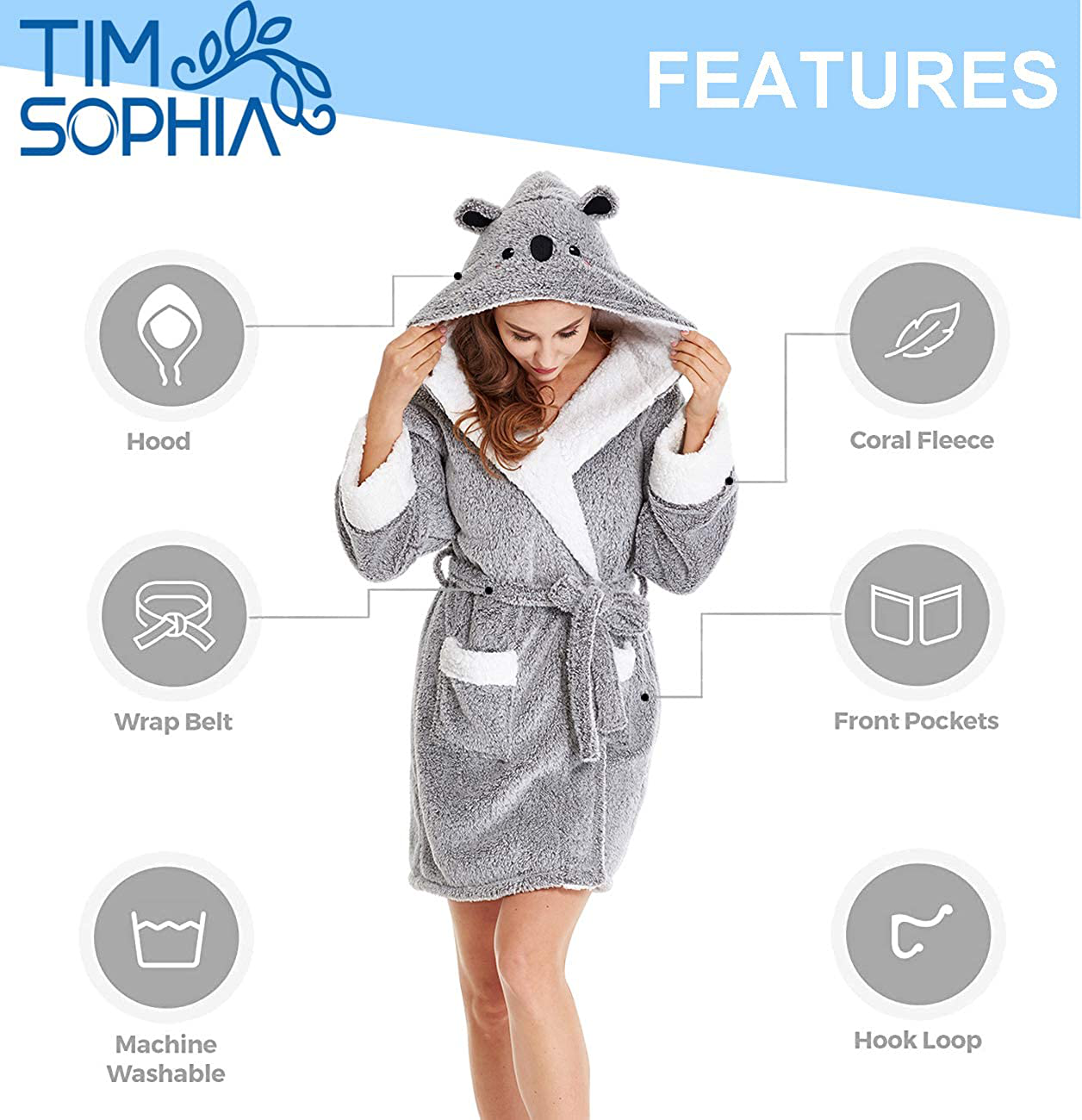 TIMSOPHIA Plush Robes for Womens Bathrobes with Hood Soft Animal Robes Cozy Warm Koala Gifts Apparel & Accessories > Clothing > Sleepwear & Loungewear > Robes Kylie Max