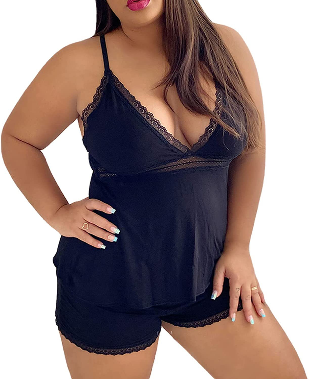 Curvierbuti Women plus Size Pajamas Cami Shorts Set Nightwear Sleep Set Lace Lingerie Sleepwear Apparel & Accessories > Clothing > Sleepwear & Loungewear Kylie Max