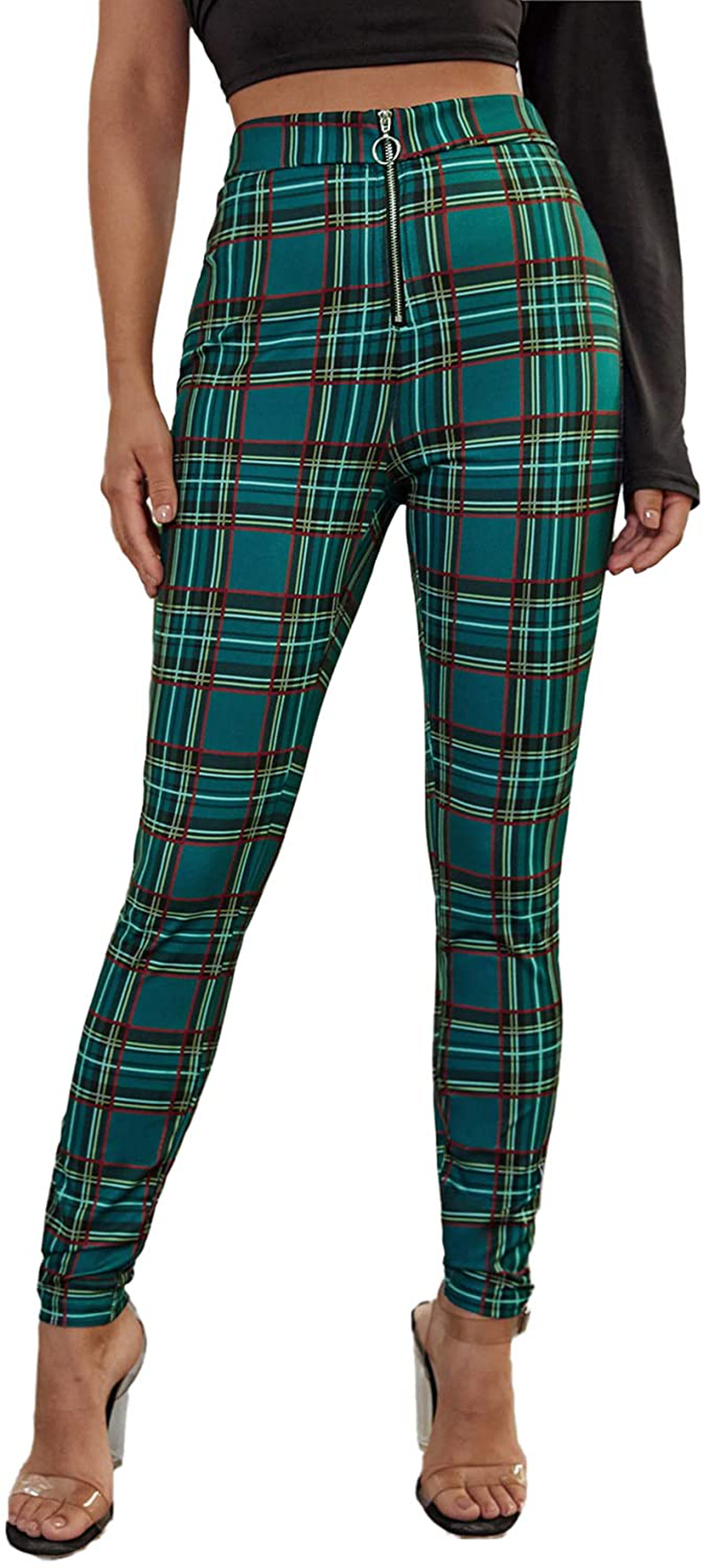 SweatyRocks Women's Casual Skinny Leggings Stretchy High Waisted Work Pants Apparel & Accessories > Clothing > Activewear SweatyRocks Zipper Green Plaid Small