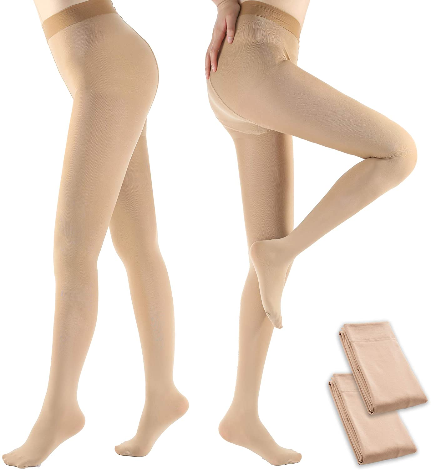 WEANMIX Women'S Control Top Compression Pantyhose Solid Color Tights Silky Soft Stockings with Reinforced Toe Apparel & Accessories > Clothing > Underwear & Socks > Shapewear WEANMIX D2-180d Nude Fleece Lining - 2 Pair Pack