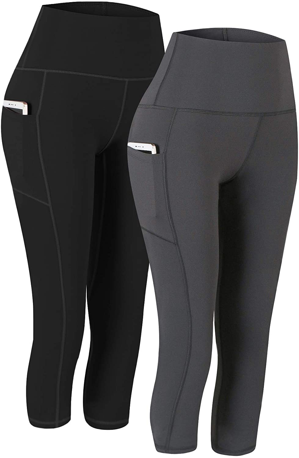 Fengbay 2 Pack High Waist Yoga Pants, Pocket Yoga Pants Tummy Control Workout Running 4 Way Stretch Yoga Leggings Apparel & Accessories > Clothing > Activewear Fengbay Capris Black & Gray Small