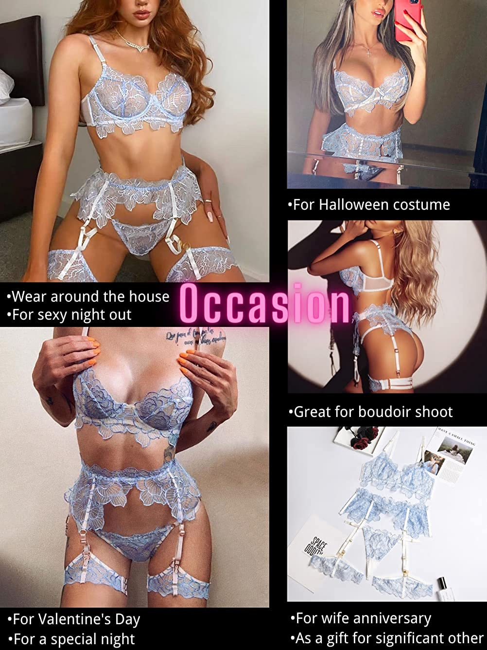 Kaei&Shi Floral Embroidered Sheer,Underwire,G-String,Belt,Thigh Straps,4 Piece Garter Lingerie Set Apparel & Accessories > Clothing > Underwear & Socks > Lingerie Kaei&Shi