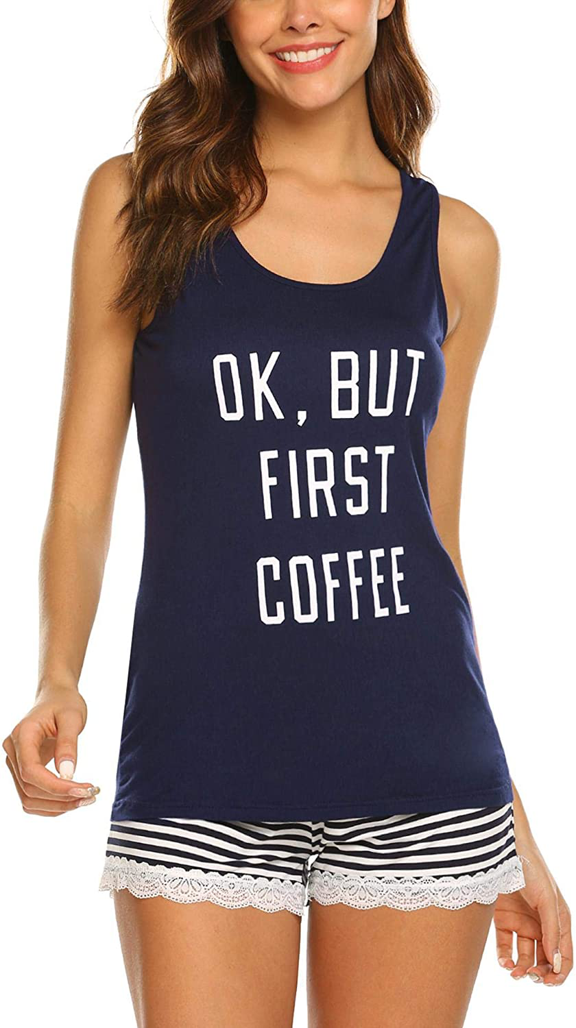 Ekouaer Womens Pajama Set Sleeveless Tank Top and Shorts Pj Set Lace Hem Sleepwear S-XXL Apparel & Accessories > Clothing > Sleepwear & Loungewear > Pajamas Ekouaer 01 Navy Blue Large