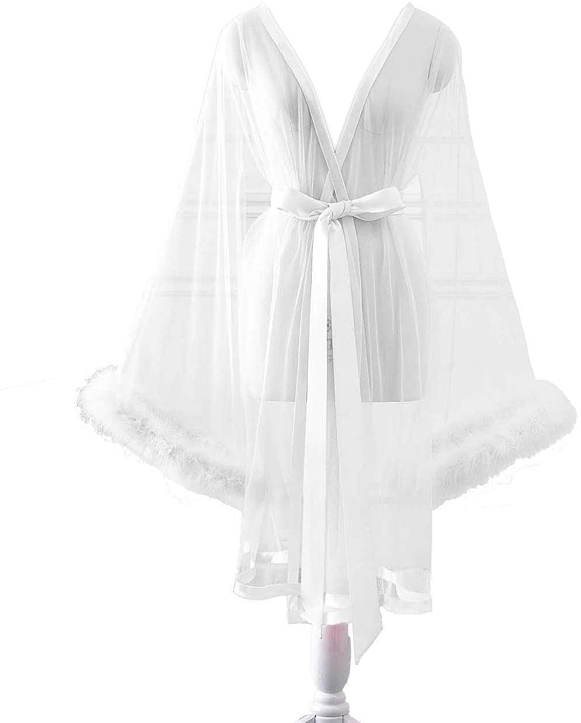 Changuan Sexy Illusion Long Lingerie Robe Nightgown Bathrobe Sleepwear Feather Bridal Robe Wedding Scarf Apparel & Accessories > Clothing > Dresses Changuan Short-white Small-Medium