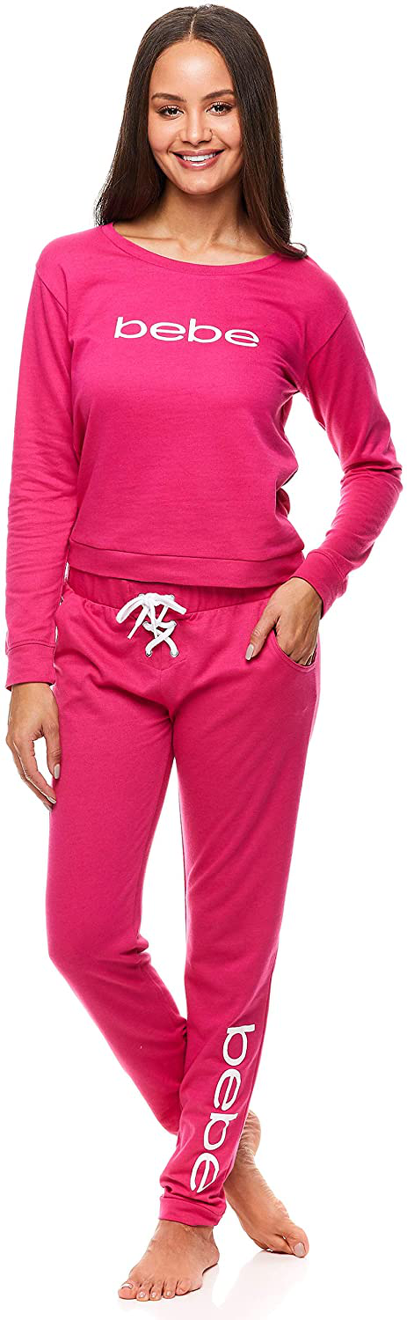 bebe Womens Cuffed Long Sleeve Shirt and Skinny Lounge Pajama Pants Sleep Set Apparel & Accessories > Clothing > Sleepwear & Loungewear > Pajamas bebe Fuchsia W/ Pockets Large