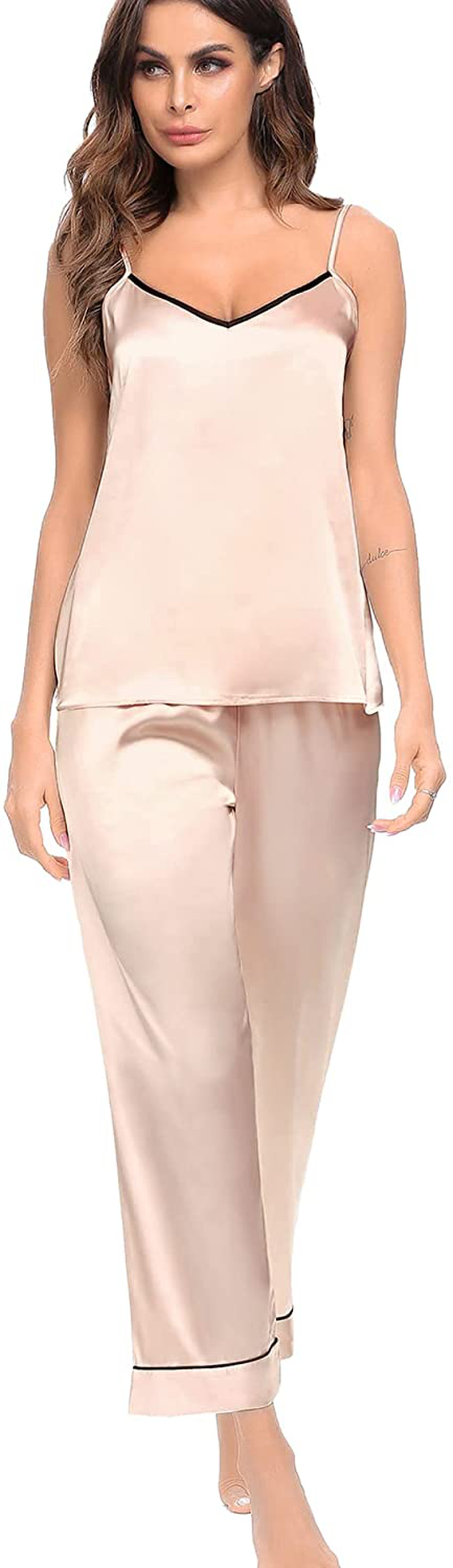 SWOMOG Womens Silk Satin Pajamas Set Two-Piece Pj Sets Cami Top and Capris Pants Sleepwear Apparel & Accessories > Clothing > Sleepwear & Loungewear Kylie Max