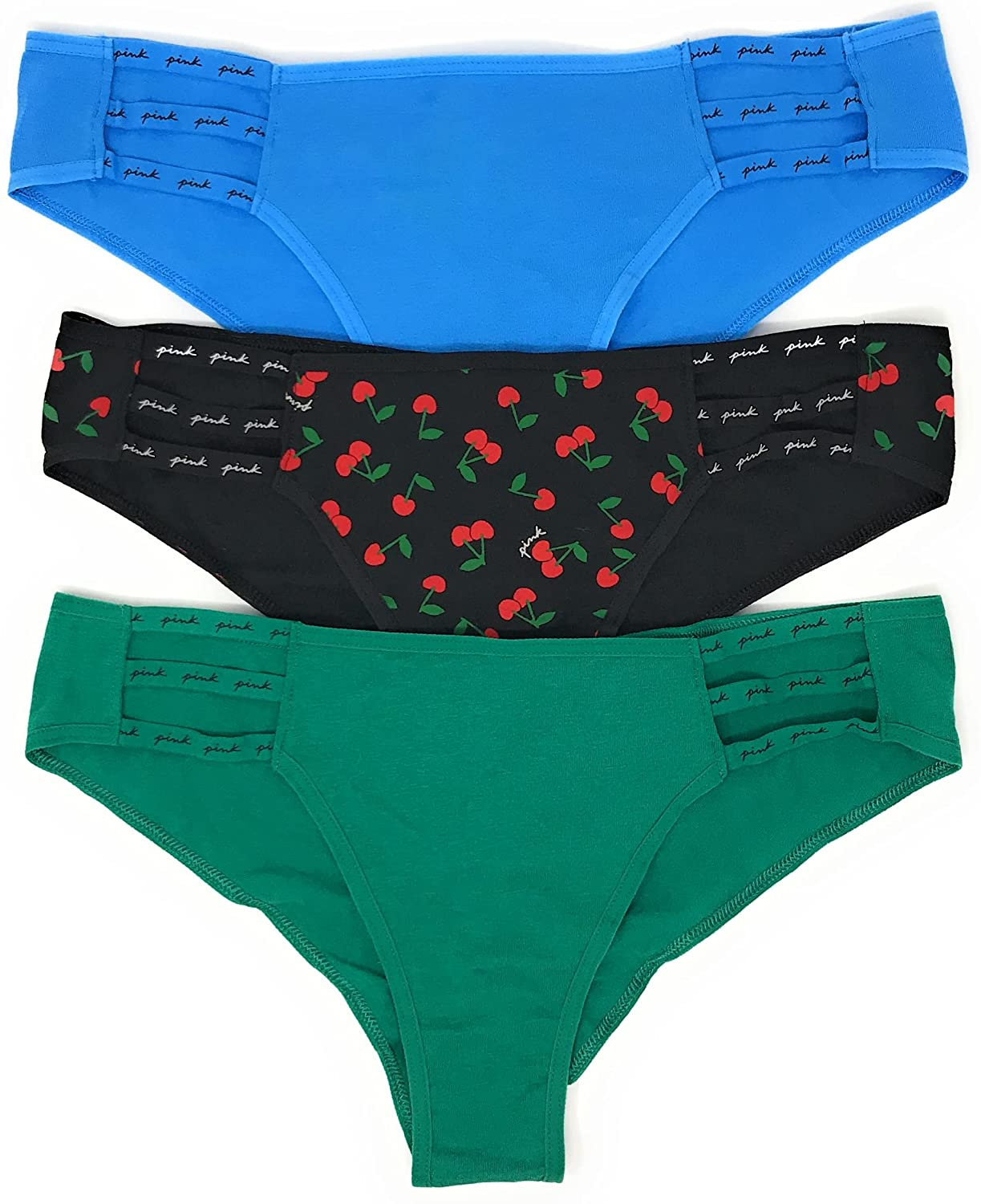 Victoria'S Secret Pink Cheekster Panty Set of 3 Victoria's Secret Strappy Skyline / Cherries / Emerald Large
