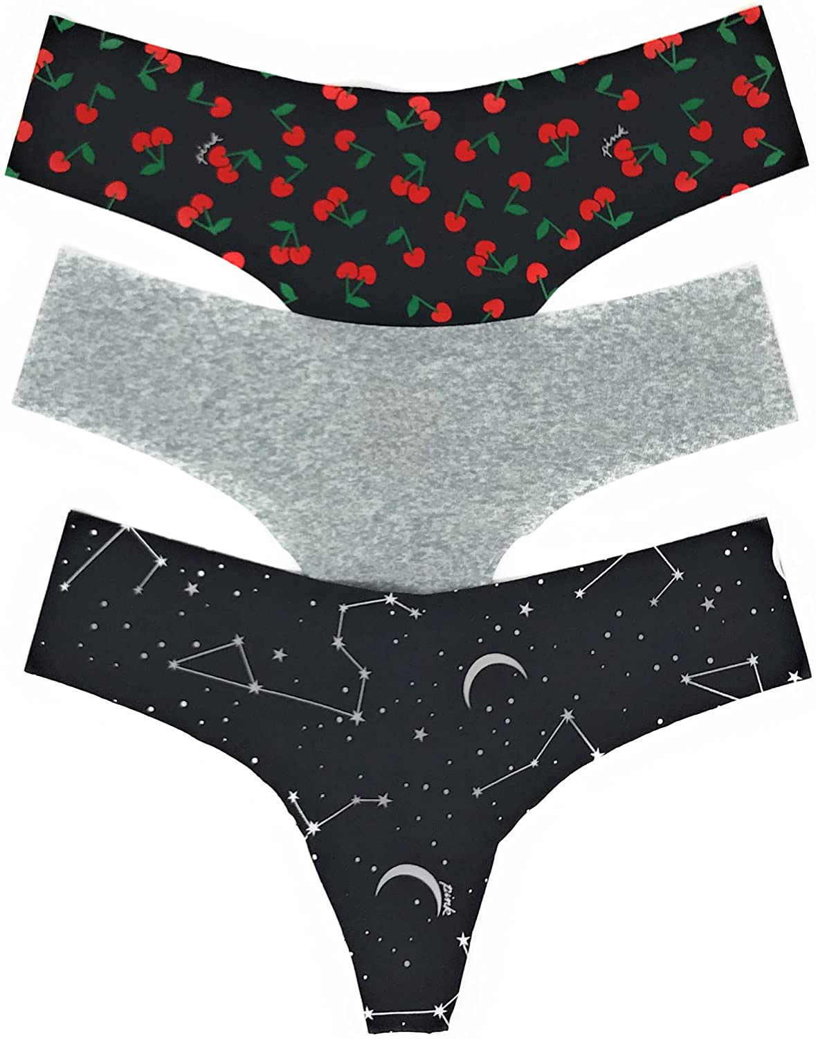 Victoria's Secret PINK Thong Panty Set of 3 Apparel & Accessories > Clothing > Underwear & Socks > Underwear Victoria's Secret No-show Cherries / Gray Marl / Black Celestial Small