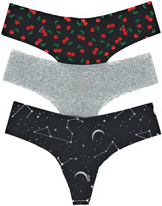 Victoria's Secret PINK Thong Panty Set of 3 Apparel & Accessories > Clothing > Underwear & Socks > Underwear Victoria's Secret No-show Cherries / Gray Marl / Black Celestial Small