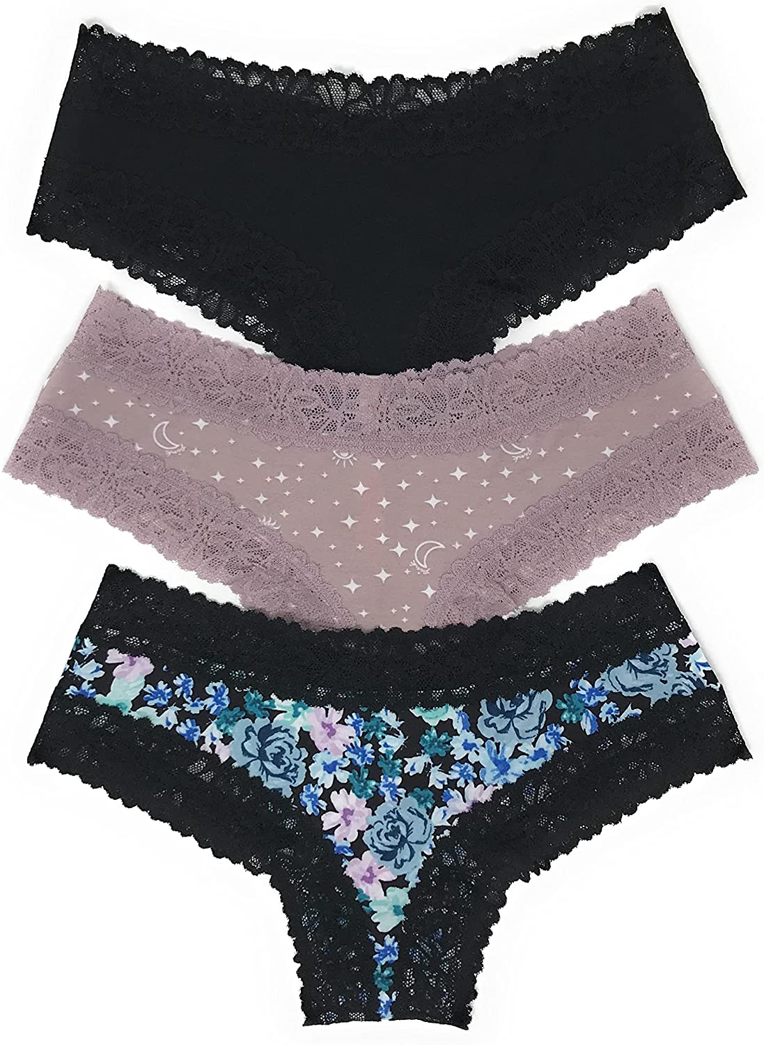 Victoria'S Secret Pink Cheekster Panty Set of 3  Victoria's Secret Lace Trim Black / Mauve Celestial / Purple Blue Floral Large