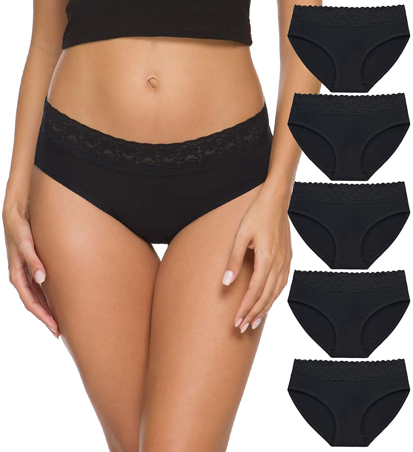 Cotton Panties for Women Bikini Underwear Hipster Underpants Lace Briefs Pack Apparel & Accessories > Clothing > Underwear & Socks > Underwear Wealurre Black Large