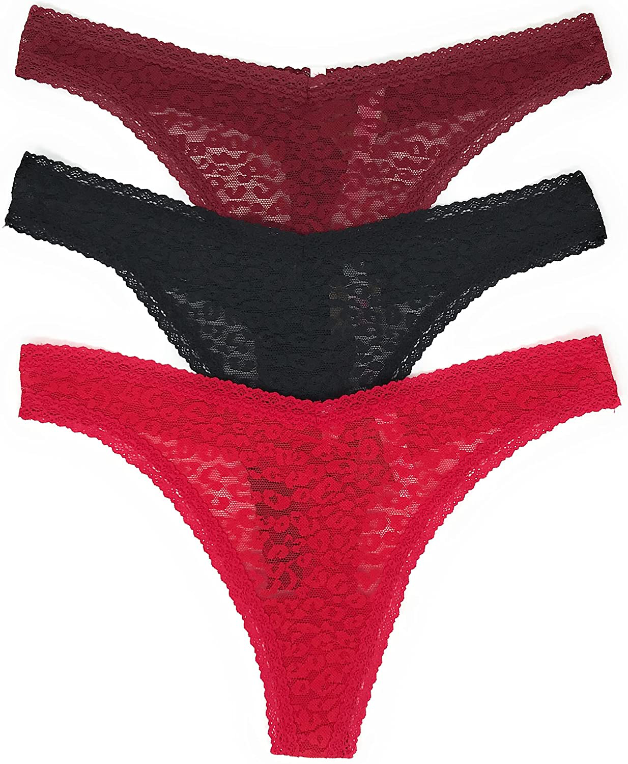 Victoria's Secret PINK Thong Panty Set of 3 Apparel & Accessories > Clothing > Underwear & Socks > Underwear Victoria's Secret Leo Lace Cranberry / Black / Red Large
