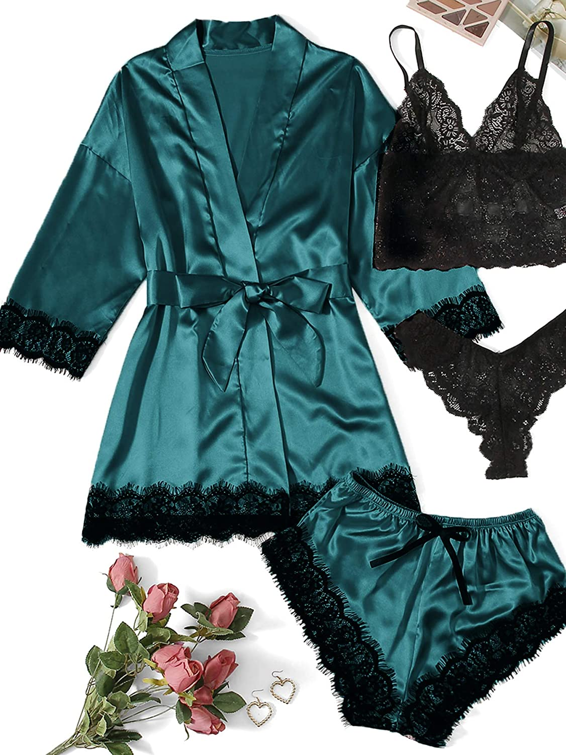 WDIRARA Women'S 4 Pieces Satin Floral Lace Cami Top Lingerie Pajama Set with Robe Apparel & Accessories > Clothing > Underwear & Socks > Lingerie WDIRARA