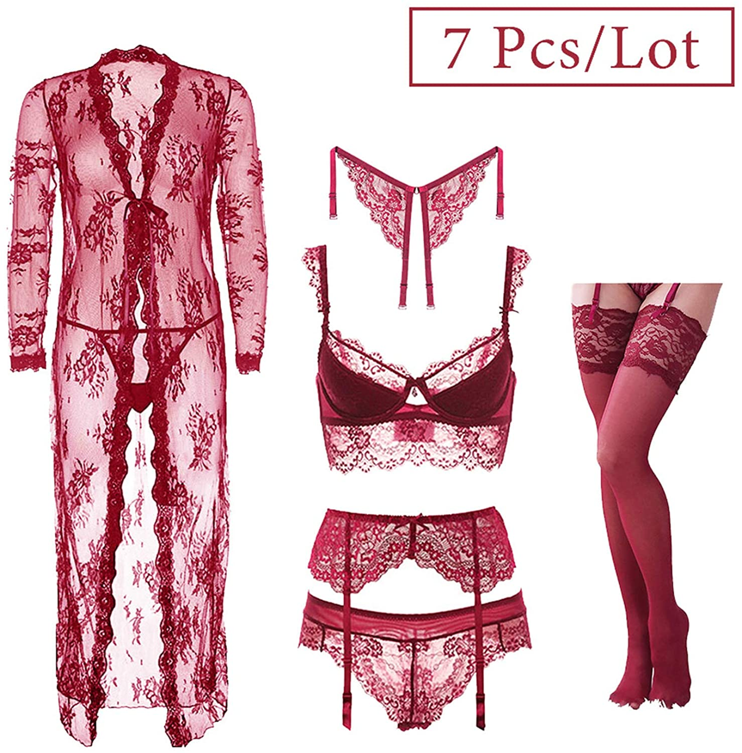 Women Push up Embroidery Bras Set Lace Lingerie Bra and Panties and Socks 4 Piece Apparel & Accessories > Clothing > Underwear & Socks > Lingerie Ningsige