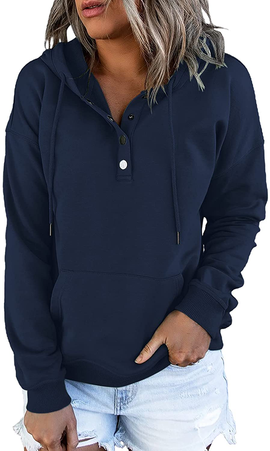 Dokotoo Womens Casual Button Collar Drawstring Long Sleeve Hoodies Pullover Sweatshirts Hooded Tops Apparel & Accessories > Clothing > Activewear Kylie Max
