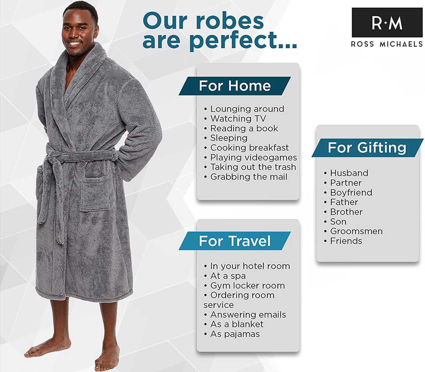 Ross Michaels Mens Luxury Robe Big & Tall - Plush Fleece Bathrobe 400GSM Mid Apparel & Accessories > Clothing > Sleepwear & Loungewear > Robes Kylie Max