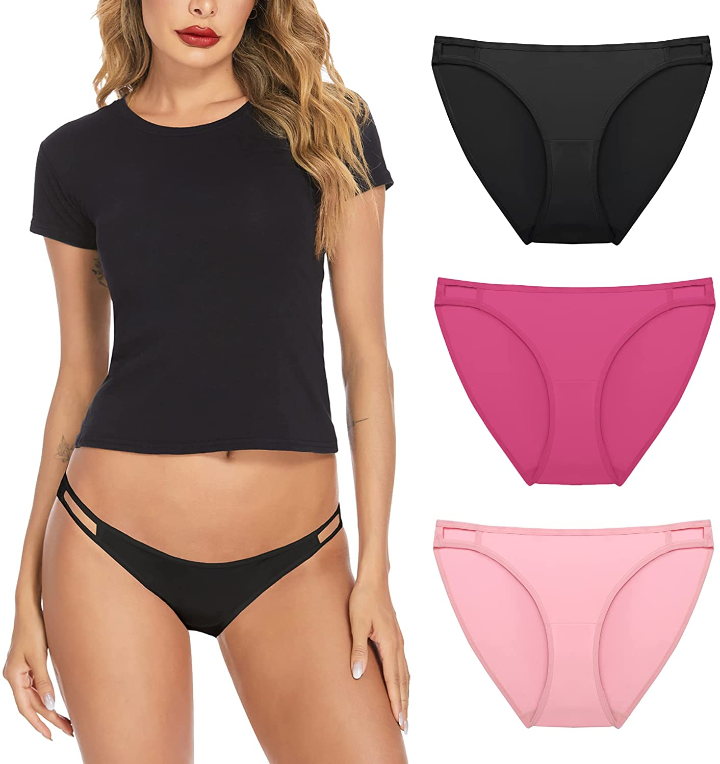 Ekouaer Sexy Ice Silk Bikini Underwear Panty Womens Seamless String Briefs Soft Stretch Breathable Invisible Panty 3 Pack Apparel & Accessories > Clothing > Underwear & Socks > Underwear Ekouaer 3 Pack-black/Pink/Rose Red Medium