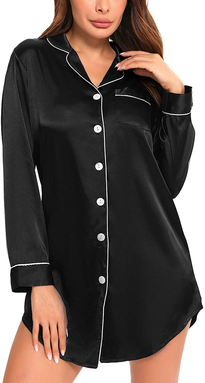 SWOMOG Women'S Satin Sleep Shirt Long Sleeve Sleepwear Silk Nightshirt Button down Pajama Top Apparel & Accessories > Clothing > Sleepwear & Loungewear > Nightgowns Kylie Max