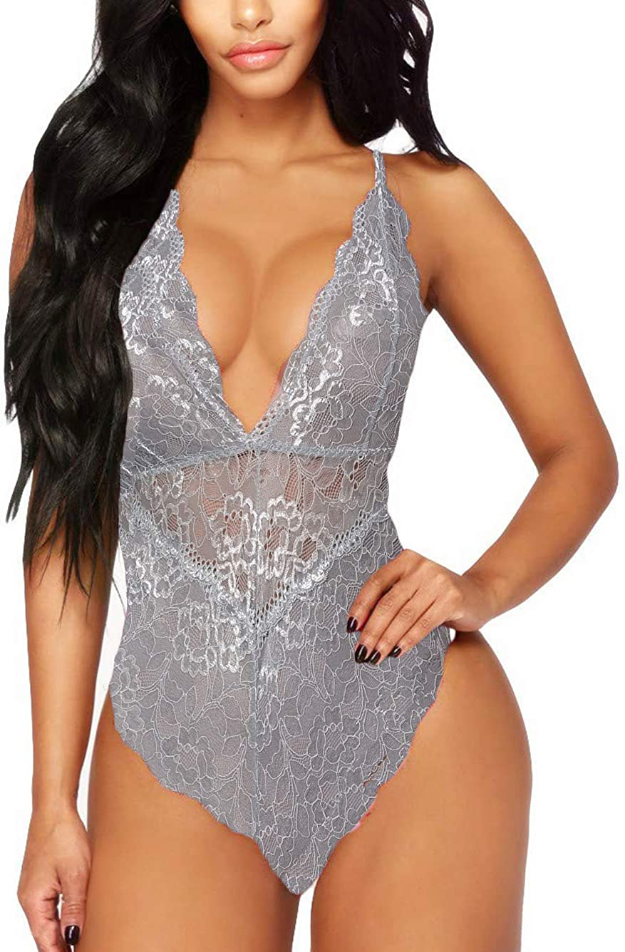 Kaei&Shi V-Neck See Through Lingerie Floral Lace Babydoll Sexy Lingerie for Women One Piece Bodysuit Apparel & Accessories > Clothing > Underwear & Socks > Lingerie Kaei&Shi Grey XX-Large