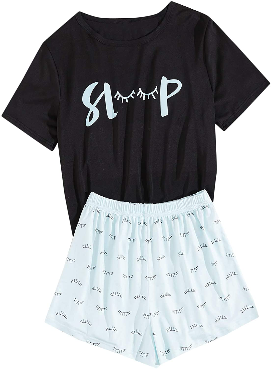DIDK Women's Cute Cartoon Print Tee and Shorts Pajama Set Apparel & Accessories > Clothing > Sleepwear & Loungewear > Pajamas DIDK Black Letter Large
