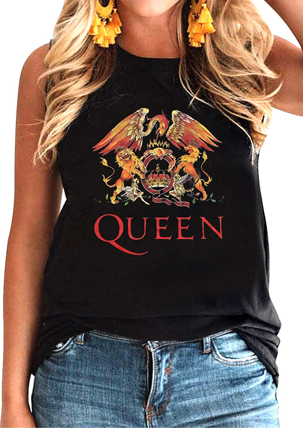 Women Vintage Rock Band Shirt Summer Graphic Tees Freddie Cute Mercury Rock Band Tees Tank Top for Music Lovers Apparel & Accessories > Clothing > Activewear Kylie Max