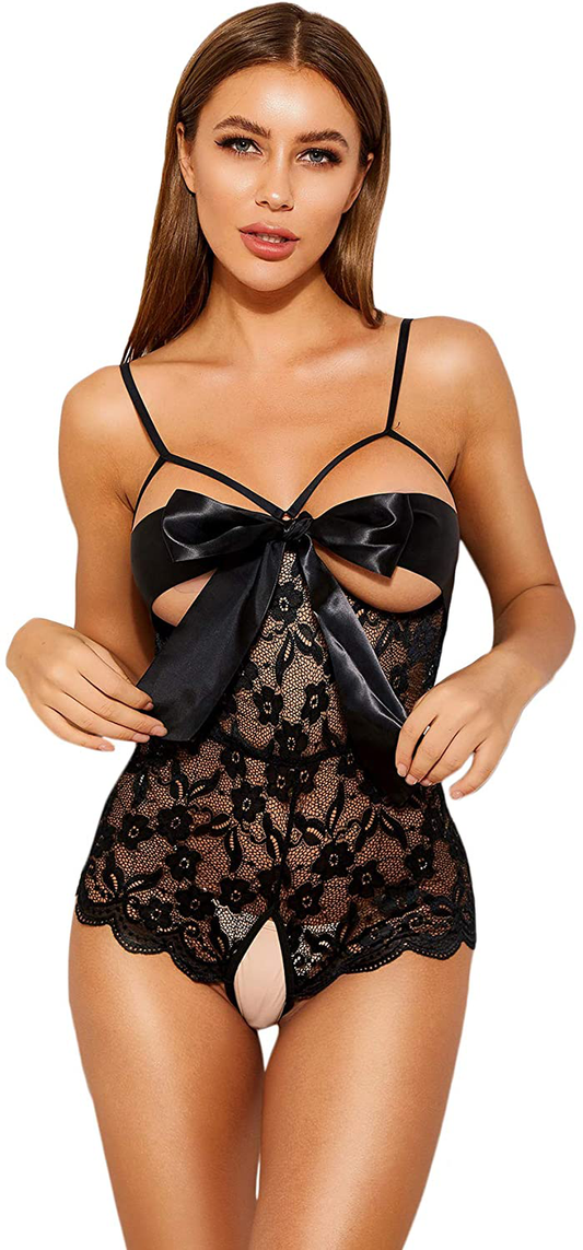 Romwe Women's Self Knot Front Teddy Lingerie One Piece Floral Lace Bodysuit Babydoll Apparel & Accessories > Clothing > Underwear & Socks > Lingerie ROMWE Black Small