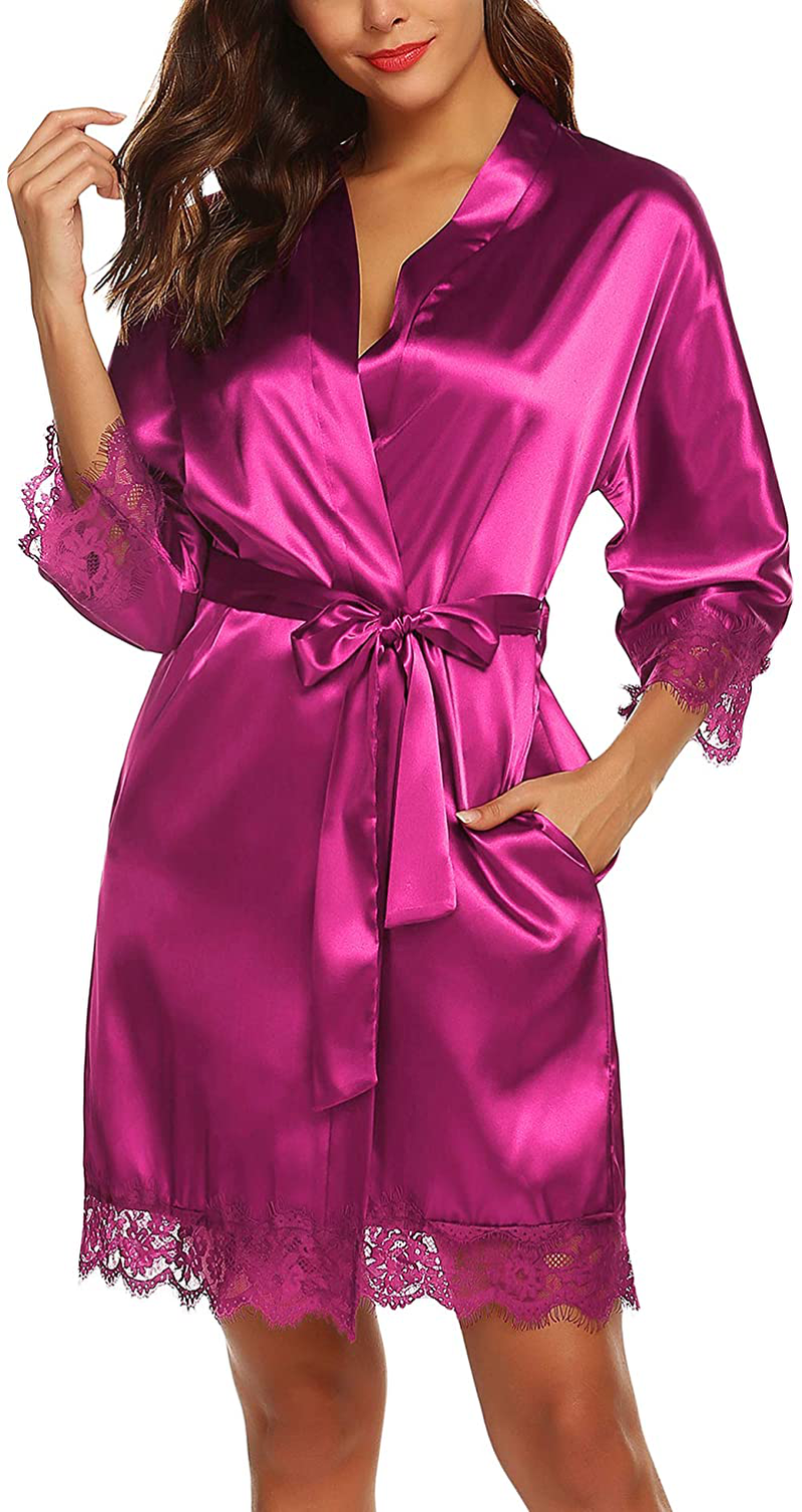 URRU Women'S Satin Silk Bathrobe Oblique V-Neck Short Kimono Robe Bridesmaids Robe S-XXXL Apparel & Accessories > Clothing > Sleepwear & Loungewear > Robes KYLIE MAX Rose Red Small