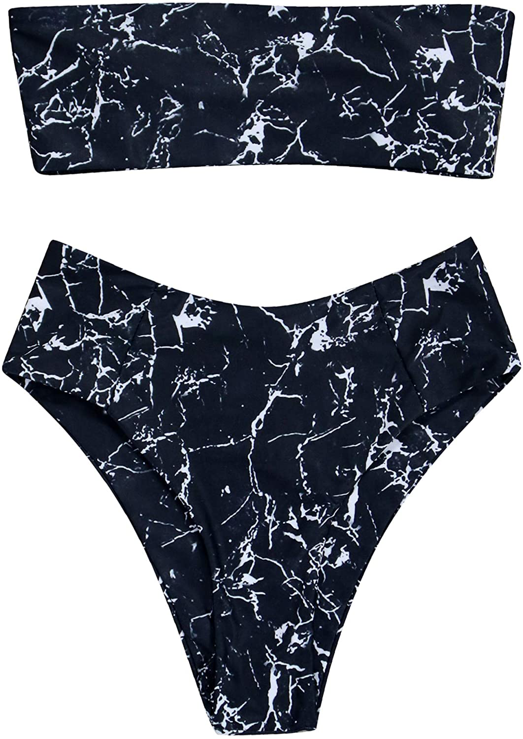 OMKAGI Women's 2 Pieces Bandeau Bikini Swimsuits Off Shoulder High Waist Bathing Suit High Cut Apparel & Accessories > Clothing > Swimwear OMKAGI Black Marble X-Large