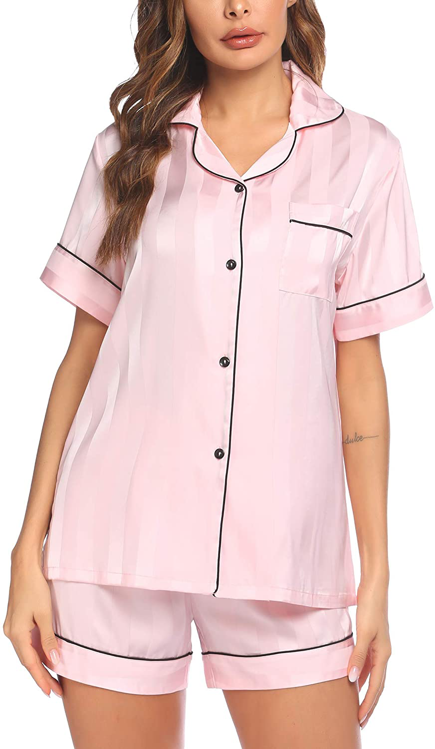 Ekouaer Satin Pajamas Women'S Short Sleeve Sleepwear Soft Silk Button down Loungewear Pjs Shorts Set S-XXL Apparel & Accessories > Clothing > Sleepwear & Loungewear Kylie Max