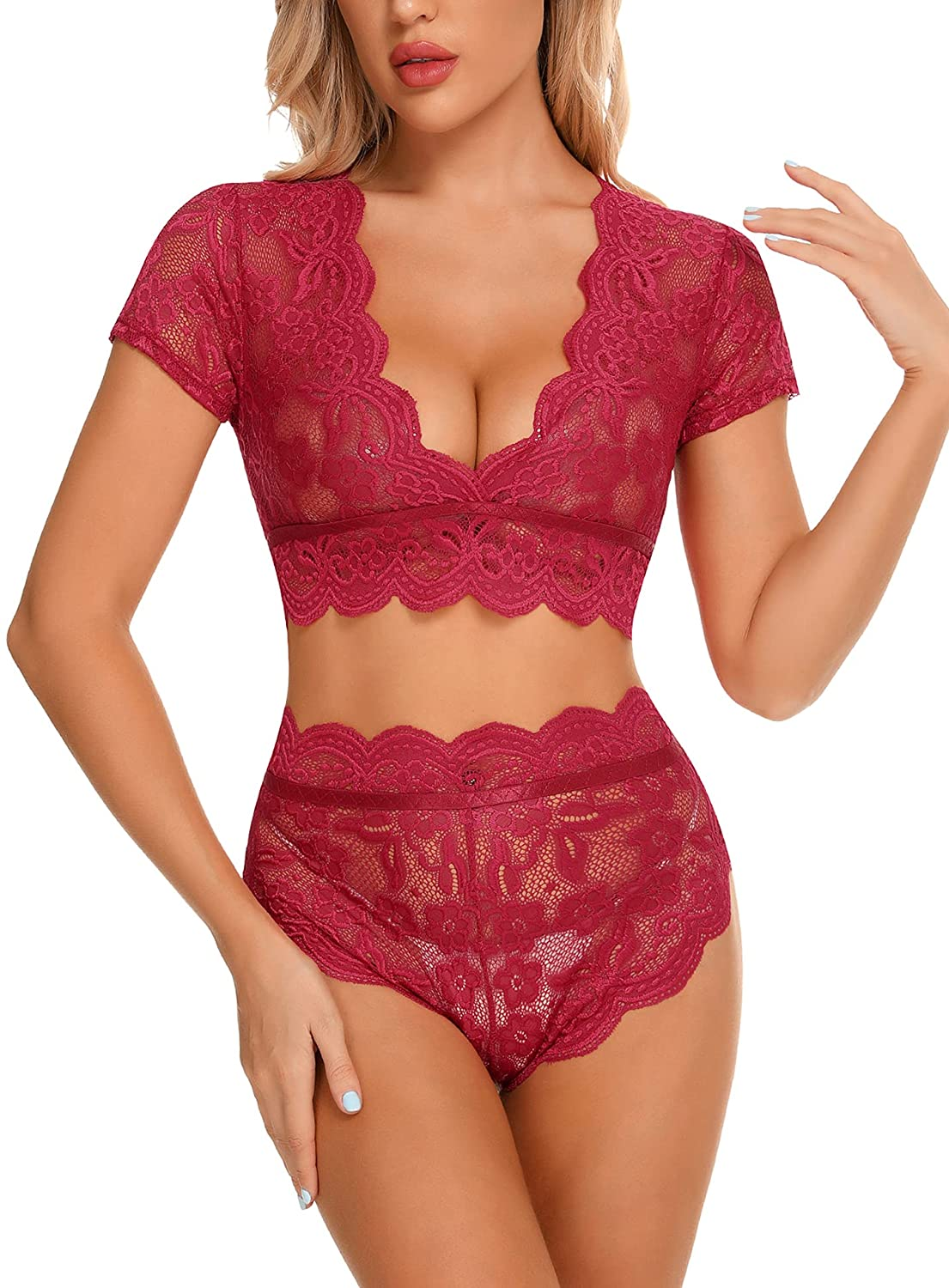 RSLOVE Women Lingerie Set Lace Bra and Panty Set Two Piece Sexy Underwear Apparel & Accessories > Clothing > Underwear & Socks > Lingerie KYLIE MAX Wine Red XX-Large