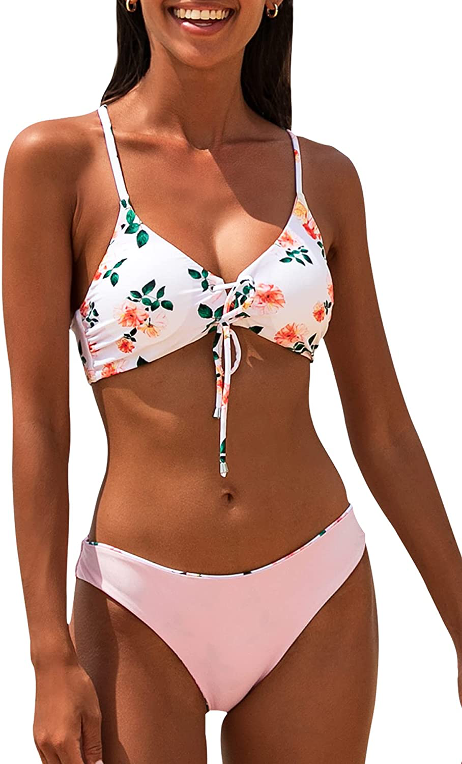CUPSHE Women's Reversible Lace Up Bikini Sets Floral and Striped Apparel & Accessories > Clothing > Swimwear CUPSHE Pink Floral XX-Large