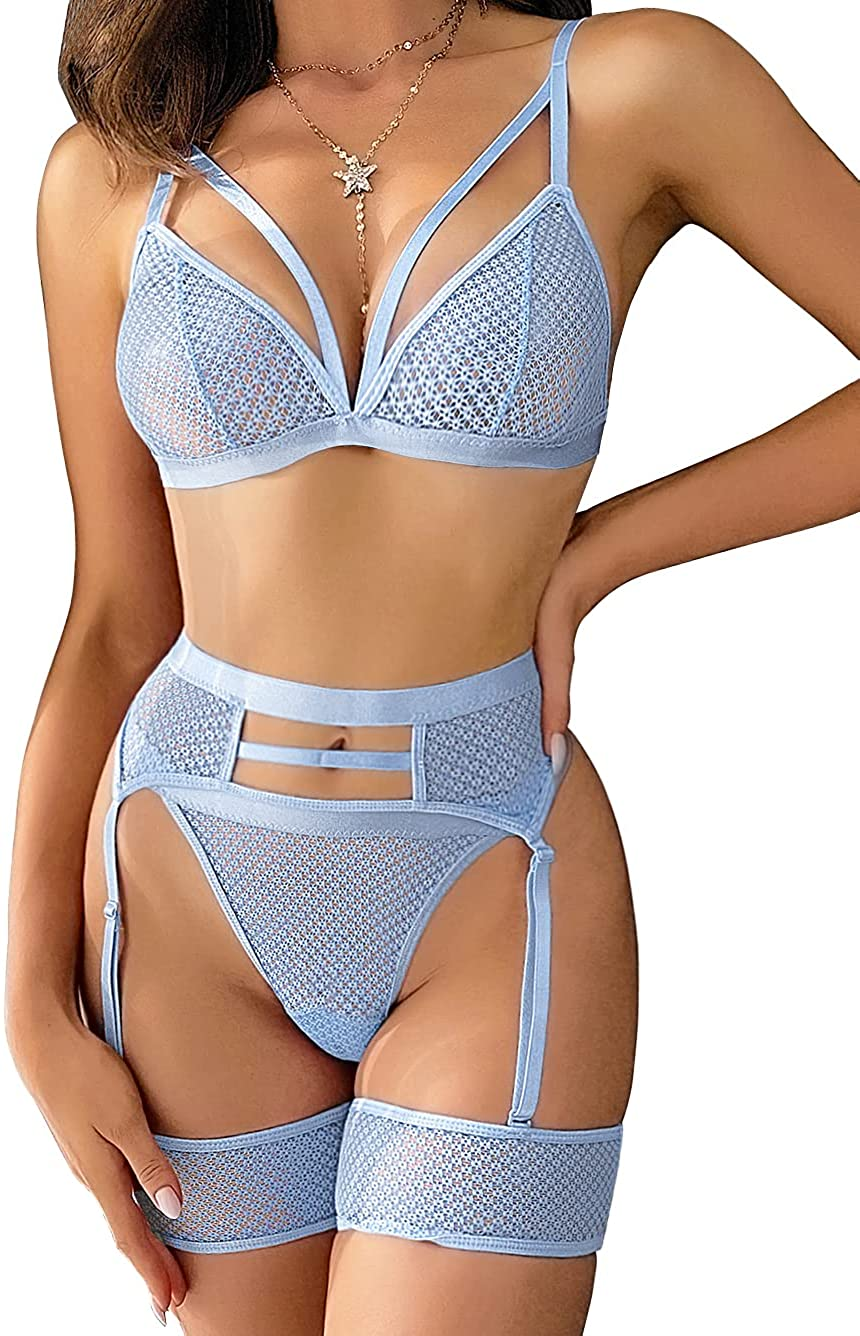 Kaei&Shi 4 Piece,Strappy Triangle Bralette,Thong,Thigh Bands,Garter Lingerie Set Apparel & Accessories > Clothing > Underwear & Socks > Lingerie Kaei&Shi