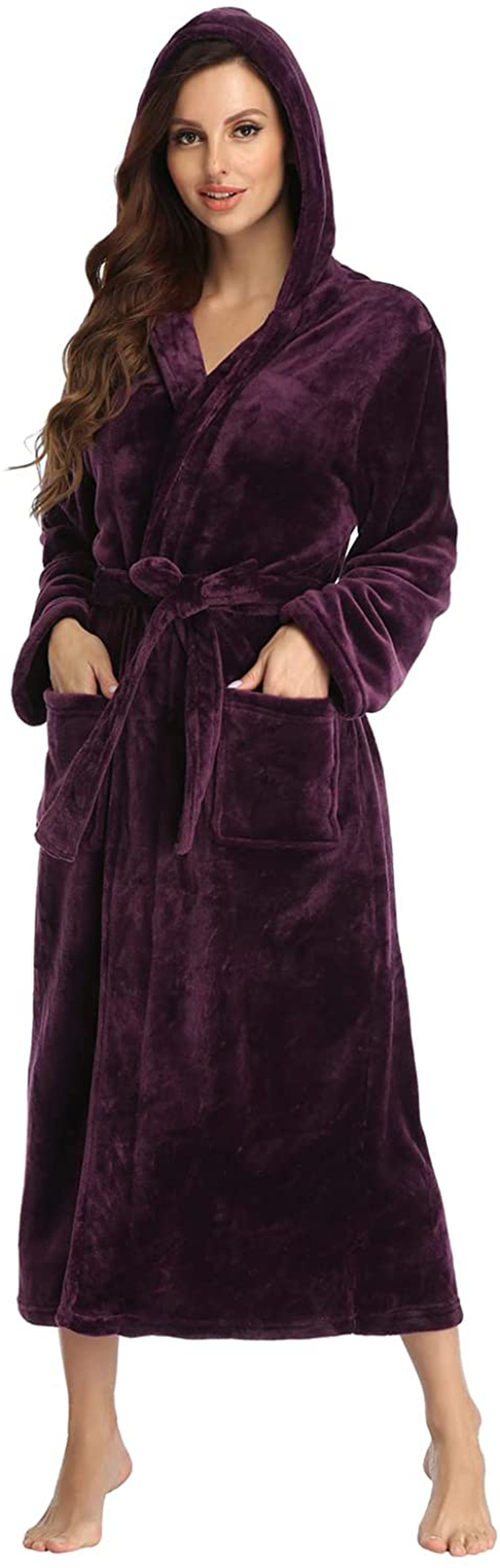 RONGTAI Womens Long Robes Plush Fleece Nightgown Thick plus Size Hooded Bathrobe with Pockets Fluffy Sleepwear for Men Apparel & Accessories > Clothing > Sleepwear & Loungewear > Robes RONGTAI Dark Purple Large