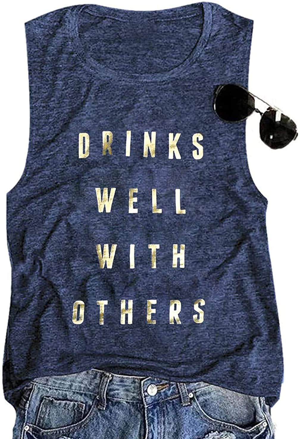 Drinks Well with Others Muscle Tank Tops Womens Funny Drinking Alcohol Sleeveless Letter Printed Graphic Tee Shirt Tops Apparel & Accessories > Clothing > Activewear Kylie Max