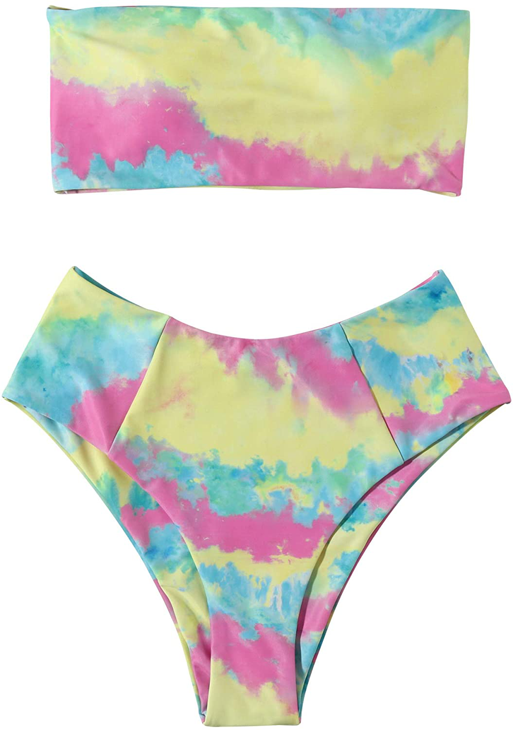OMKAGI Women's 2 Pieces Bandeau Bikini Swimsuits Off Shoulder High Waist Bathing Suit High Cut Apparel & Accessories > Clothing > Swimwear OMKAGI 84-yellow Tie Dye Large