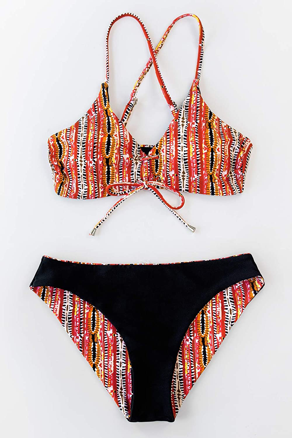 CUPSHE Women's Reversible Lace Up Bikini Sets Floral and Striped Apparel & Accessories > Clothing > Swimwear KYLIE MAX