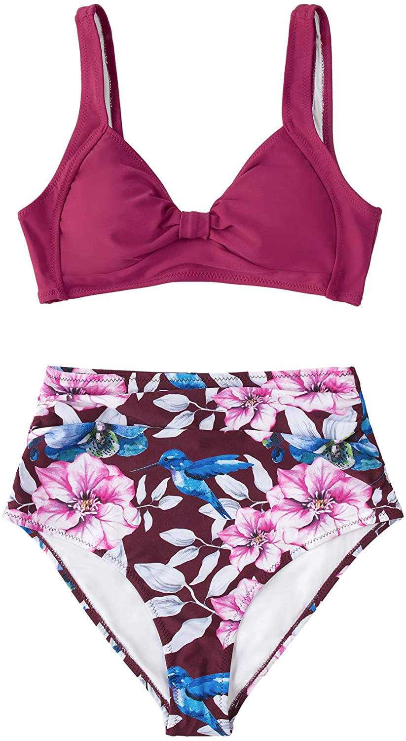 CUPSHE Women's High Waist Bikini Swimsuit Floral Print Knot Two Piece Bathing Suit Apparel & Accessories > Clothing > Swimwear CUPSHE
