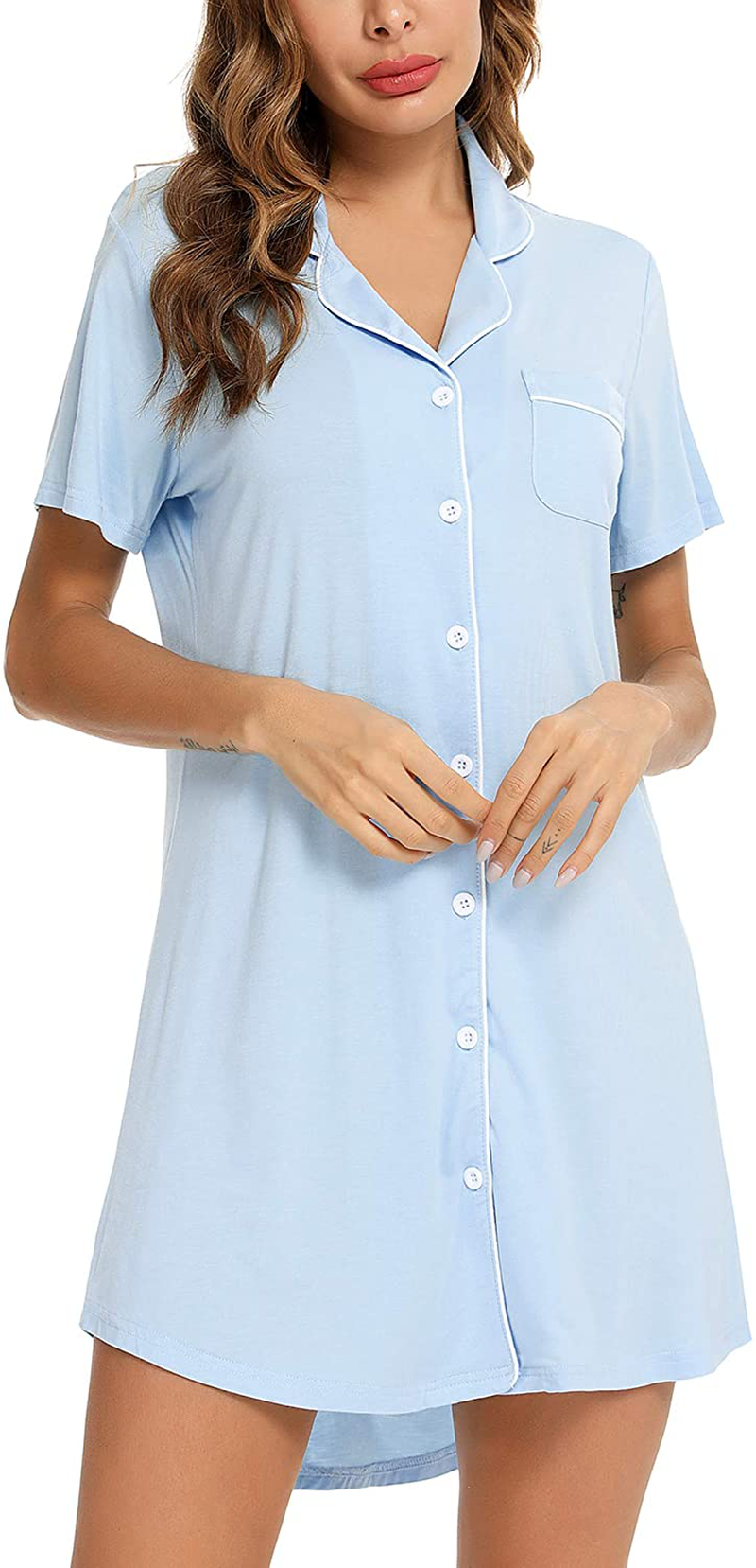 Samring Nightgown for Women Sleep Shirt Short Long Sleeve Sleepwear Boyfriend Nightshirt Button down Pajama Dress S-XXL Apparel & Accessories > Clothing > Sleepwear & Loungewear > Nightgowns Kylie Max