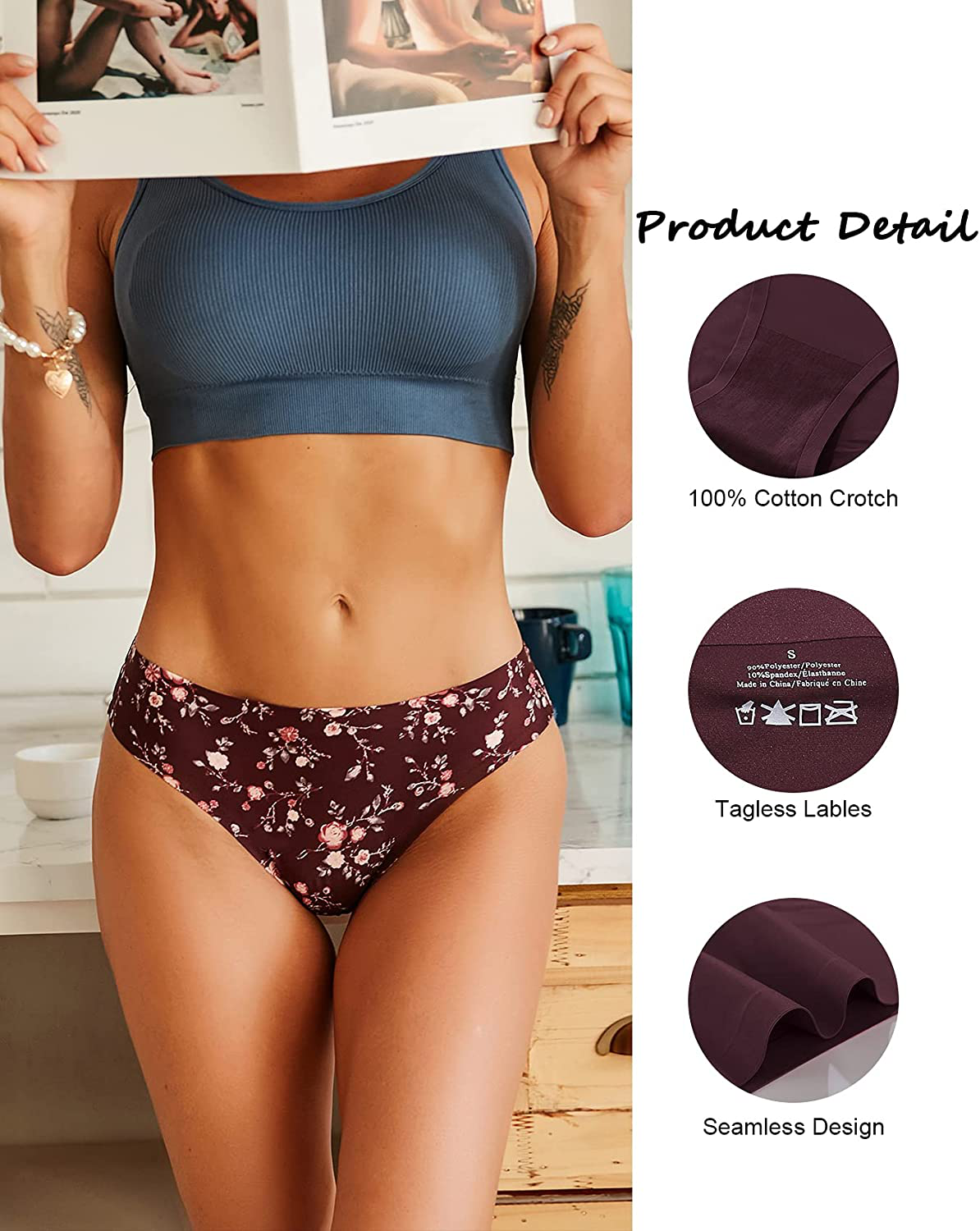 FINETOO 12 Pack Seamless Thongs for Women Breathable Floral Print Panties Invisible Hipster XS-XL Apparel & Accessories > Clothing > Underwear & Socks > Underwear FINETOO