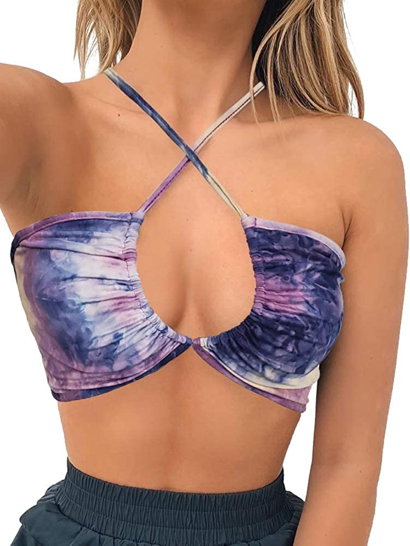TOB Women'S Sexy Criss Cross Lace up Sling Basic Bow Tie Crop Top Apparel & Accessories > Clothing > Underwear & Socks > Lingerie TOB Purple Tiedye Small