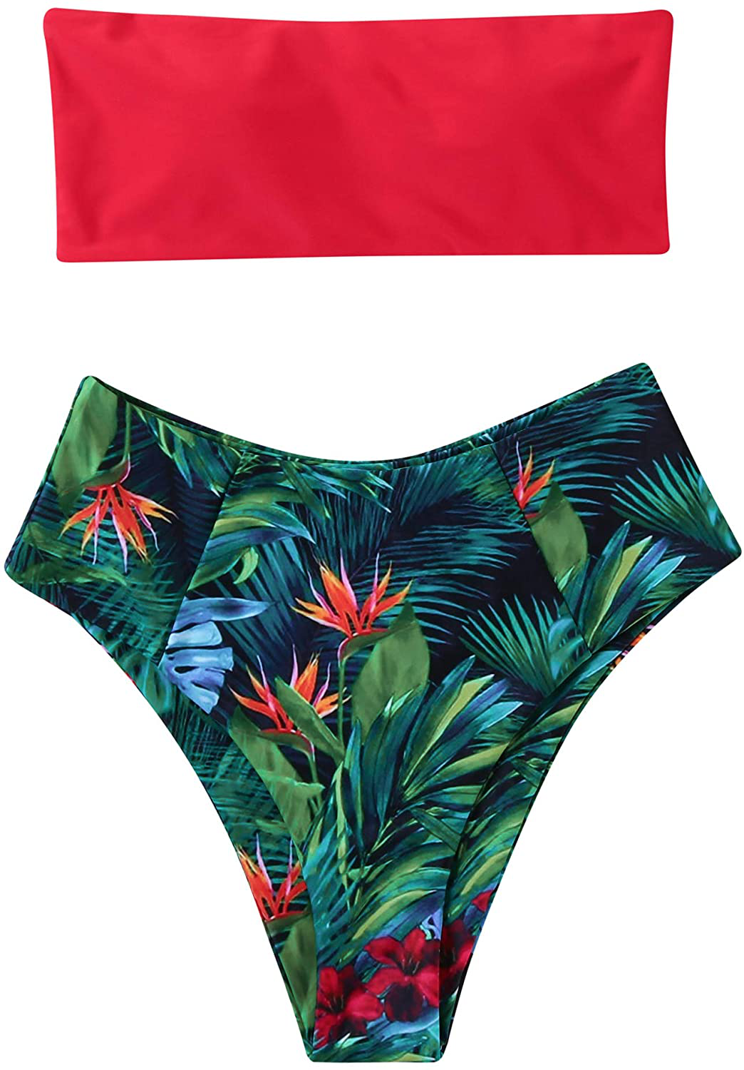 OMKAGI Women's 2 Pieces Bandeau Bikini Swimsuits Off Shoulder High Waist Bathing Suit High Cut Apparel & Accessories > Clothing > Swimwear OMKAGI Red Plant Medium