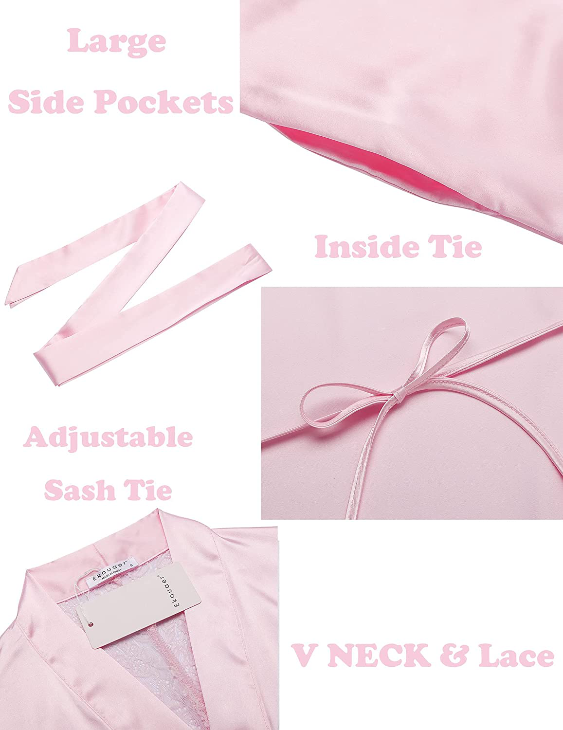 Ekouaer Women Satin Kimono Robes Sexy Silky Bathrobe Lace V-Neck Bridesmaid Bride Party Robe Soft Sleepwear with Pocket Apparel & Accessories > Clothing > Sleepwear & Loungewear > Robes Ekouaer