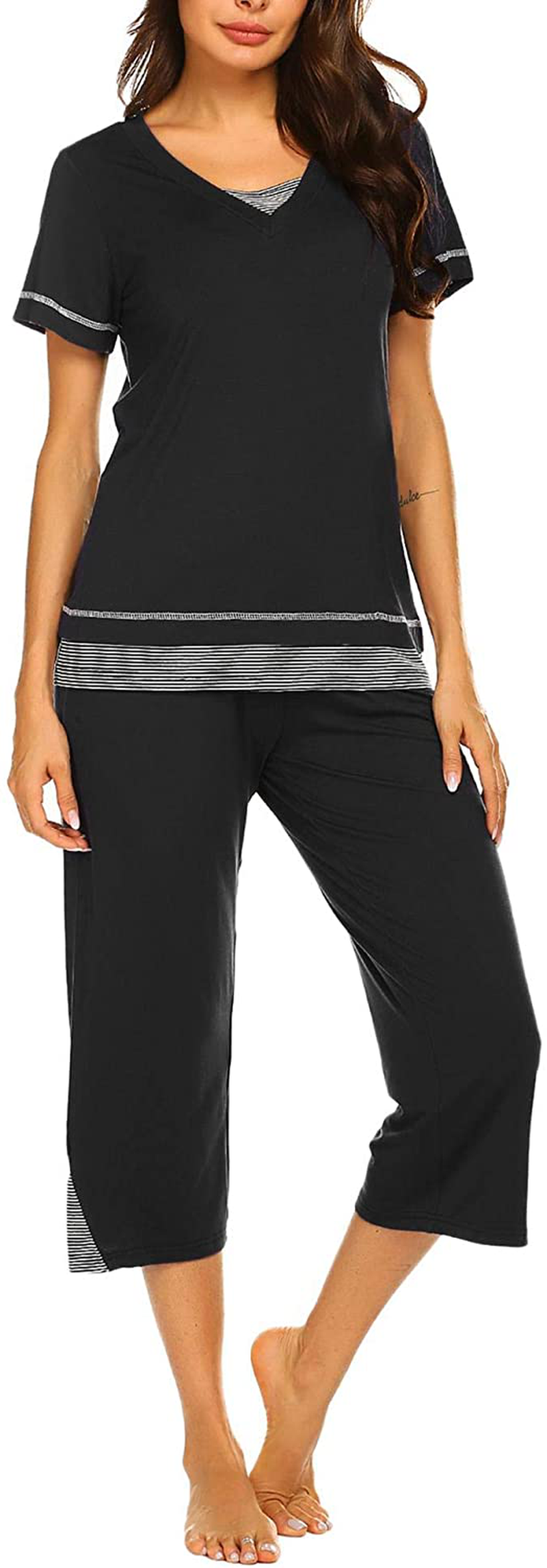Ekouaer Women's Pajamas Set Soft V Neck Striped Sleepwear Top and Capri Pj Lounge Sets Apparel & Accessories > Clothing > Sleepwear & Loungewear > Pajamas Ekouaer Black Large