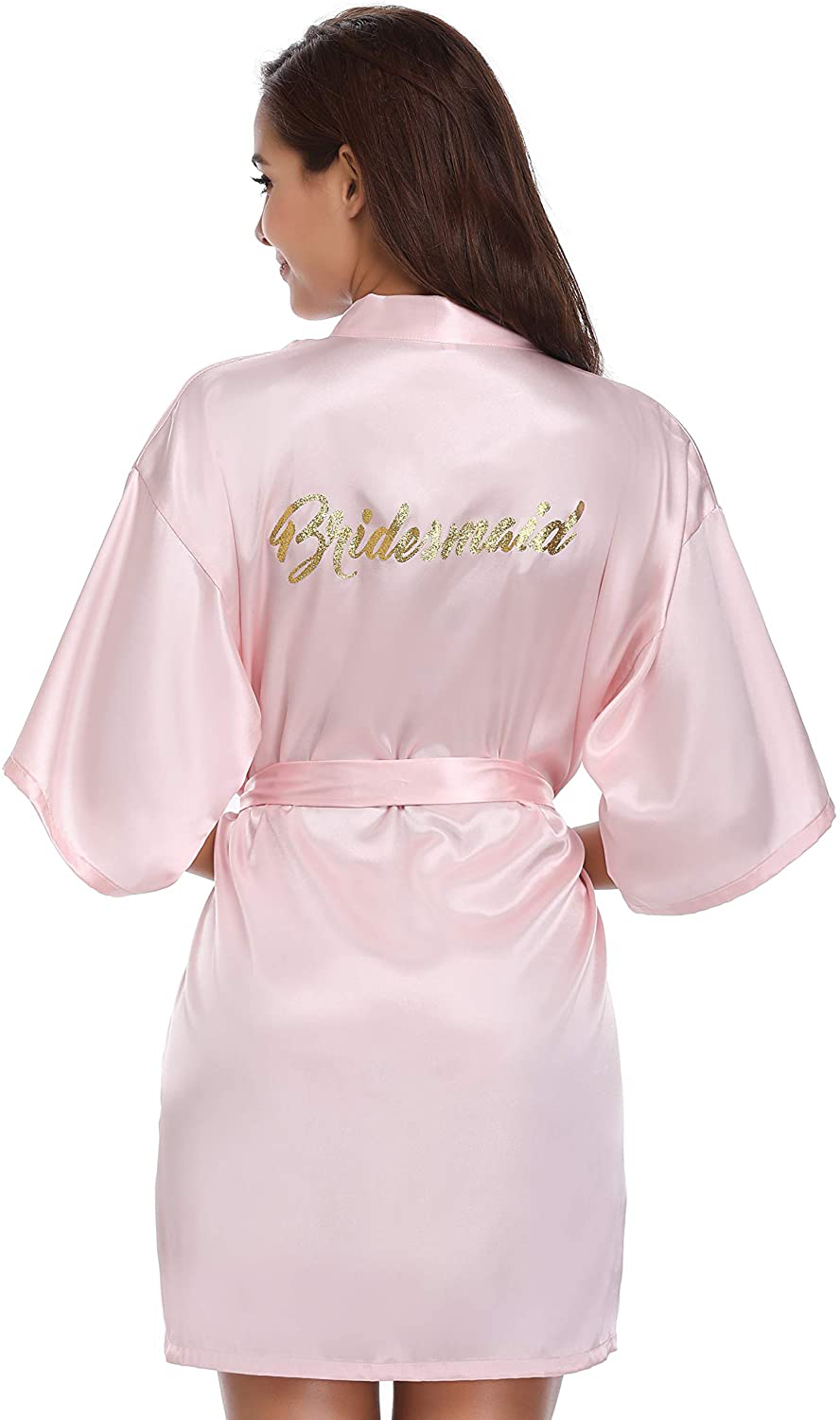 Vlazom Women'S Satin Robe Short Kimono for Bride & Bridesmaid Wedding Party Robes with Gold Glitter or Rhinestones Apparel & Accessories > Clothing > Sleepwear & Loungewear > Robes KYLIE MAX B-pink-bridesmaid Large