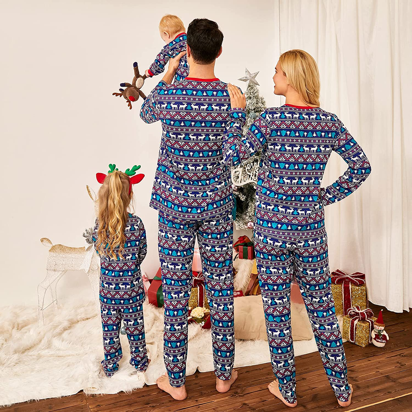 Family Christmas Pjs Matching Sets Christmas Pajamas Red Santa'S Deer Top and Black Pants Long Sleeve Sleepwear Apparel & Accessories > Clothing > Sleepwear & Loungewear > Pajamas Kylie Max
