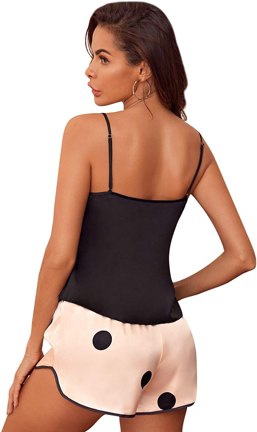 Shein Women'S 3 Piece Lace Trim Polka Dots Cami Top and Shorts Pants Satin Pajama Set Apparel & Accessories > Clothing > Sleepwear & Loungewear Kylie Max