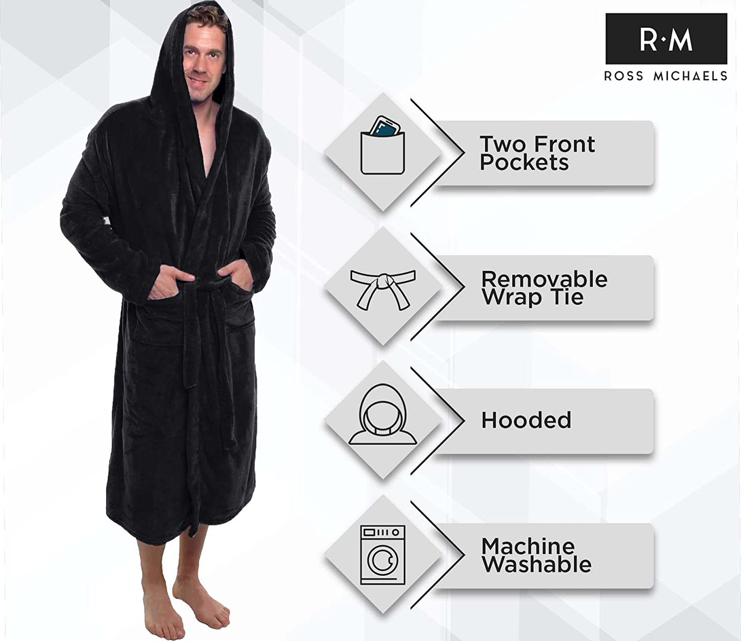 Ross Michaels Mens Robe with Hood - Mid Length - Plush Shawl Collar Fleece Bathrobe Apparel & Accessories > Clothing > Sleepwear & Loungewear > Robes Kylie Max
